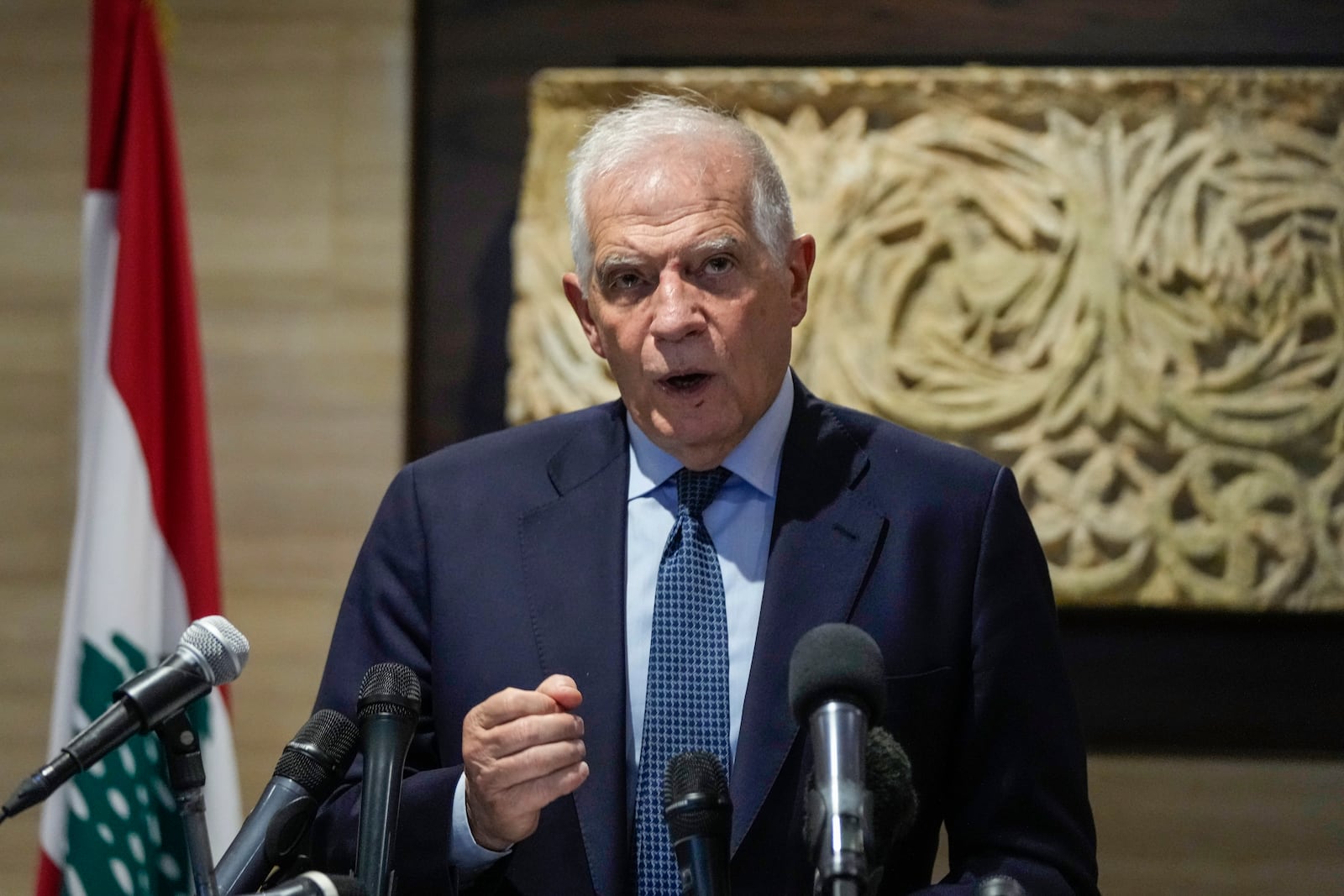 European Union foreign policy chief Josep Borrell gives a statement to the media after his meeting with Lebanese Parliament speaker Nabih Berri, in Beirut, Lebanon, Sunday, Nov. 24, 2024. (AP Photo/Hassan Ammar)