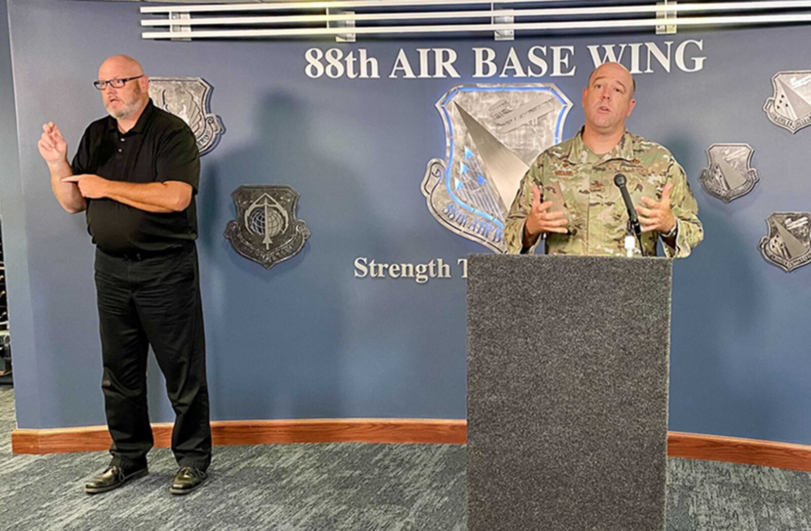 Col. Patrick Miller, 88th Air Base Wing and installation commander, discusses adjustments to Wright-Patterson Air Force Base’s COVID-19 operating environment during a virtual town hall and situation update Aug. 4. U.S. AIR FORCE PHOTO/CHRISTOPHER WARNER