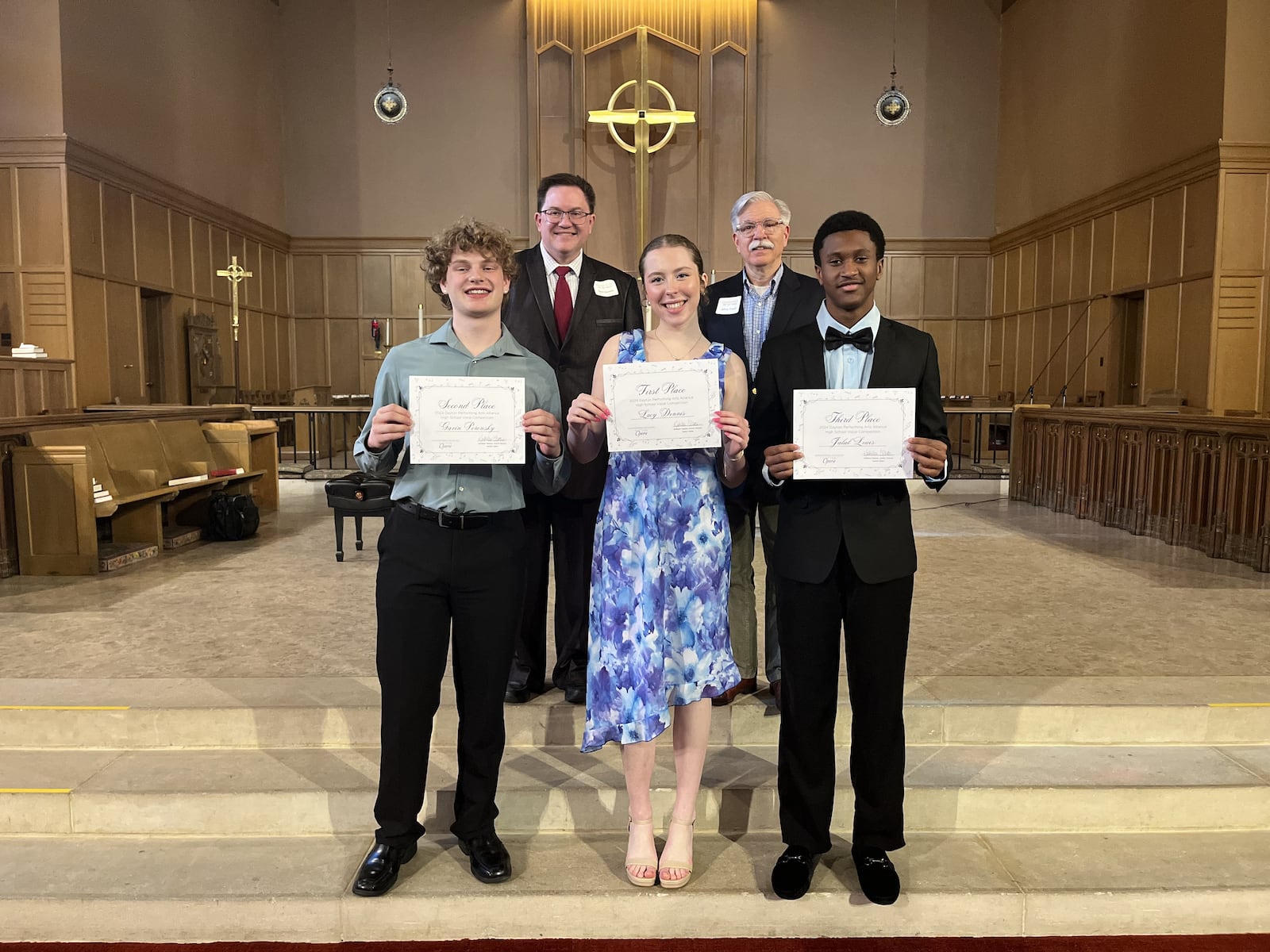 Left to right: Top Row: David Sievers, Jeffrey Powell; Bottom Row: 2024 Dayton Performing Arts Alliance High School Vocal Competition winners Gavin Poronsky (second place), Lucy Dennis (first place) and Jalal Lewis (third place). CONTRIBUTED