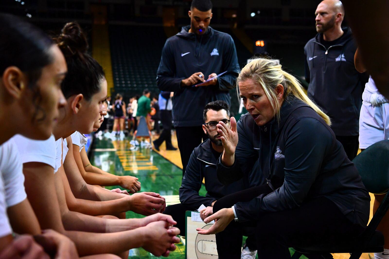 Wright State women's basketball coach Kari Hoffman talks to her team during a game earlier this season. Joe Craven/Wright State Athletics