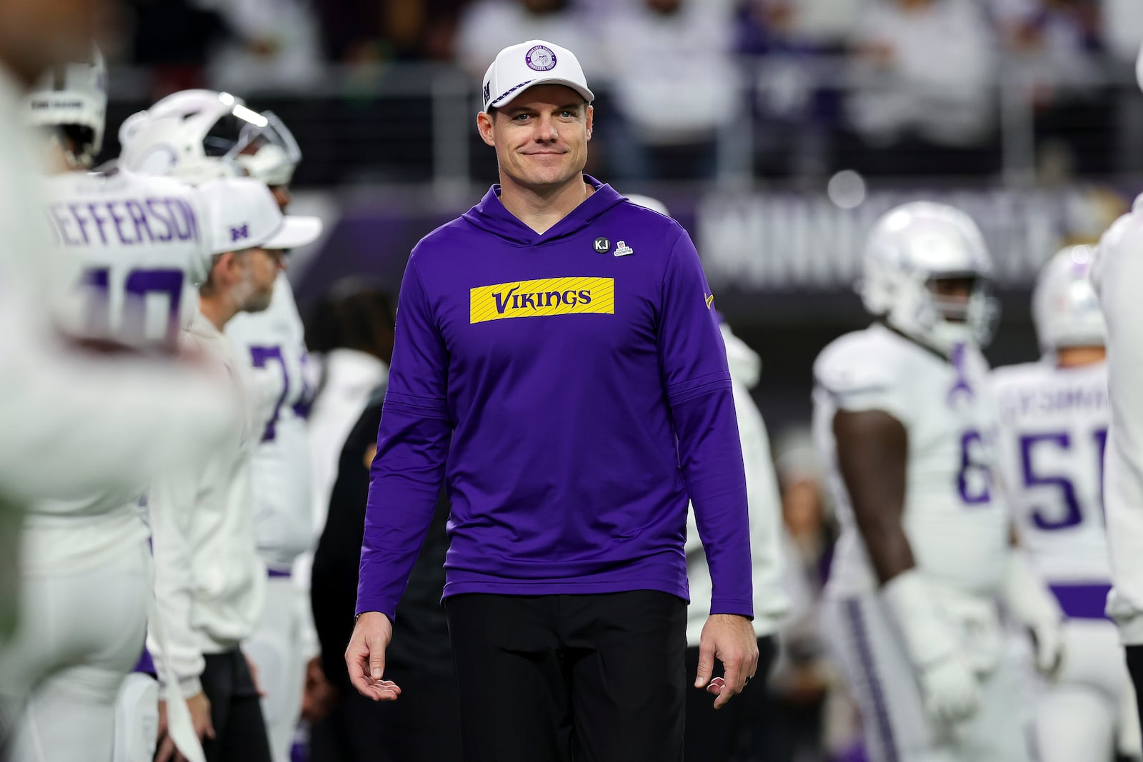 FILE - Minnesota Vikings head coach Kevin O'Connell walks across the field during warm ups before an NFL football game against the Chicago Bears, Monday, Dec. 16, 2024 in Minneapolis. (AP Photo/Stacy Bengs, File)