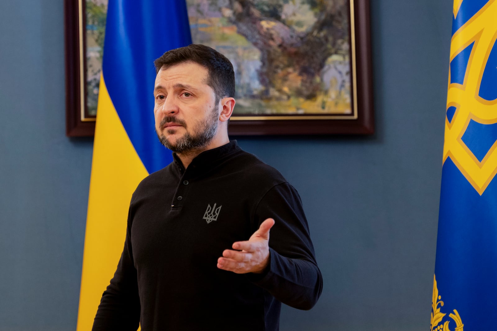 Ukraine's President Volodymyr Zelensky gives a press conference in Kyiv, Wednesday, Feb. 19, 2025. (Tetiana Dzhafarova/Pool Photo via AP)