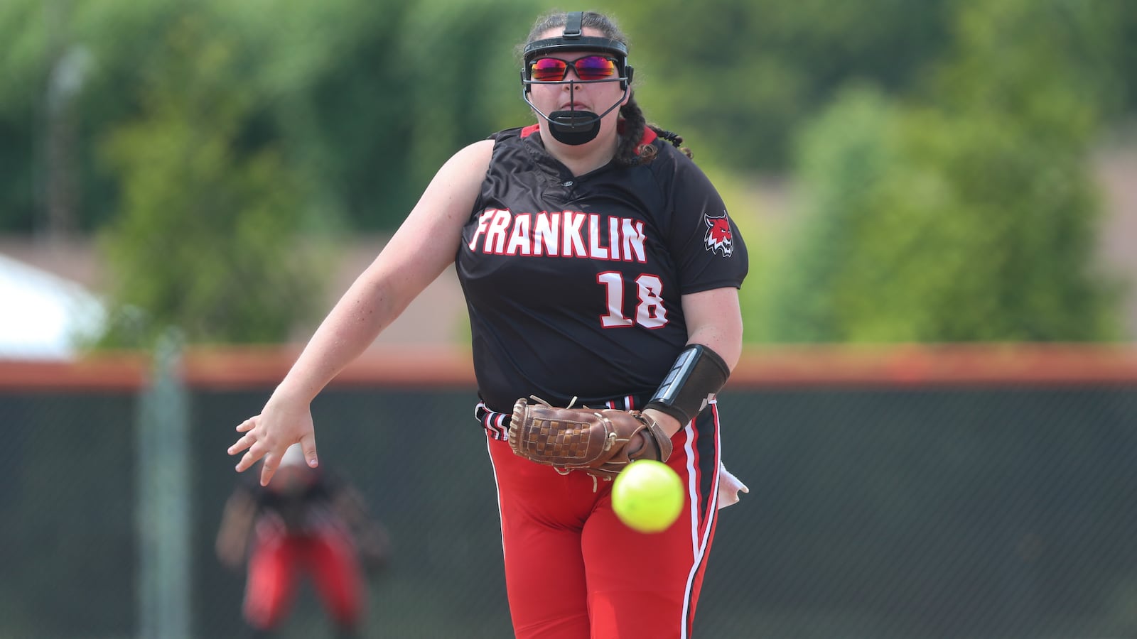 Franklin High School junior Susan Gray delivers a ball towards the plate during their Division II district final game against Kenton Ridge on Friday, May 19, 2023 at Arcanum High School. The Cougars won 11-0 in five innings. CONTRIBUTED PHOTO BY MICHAEL COOPER