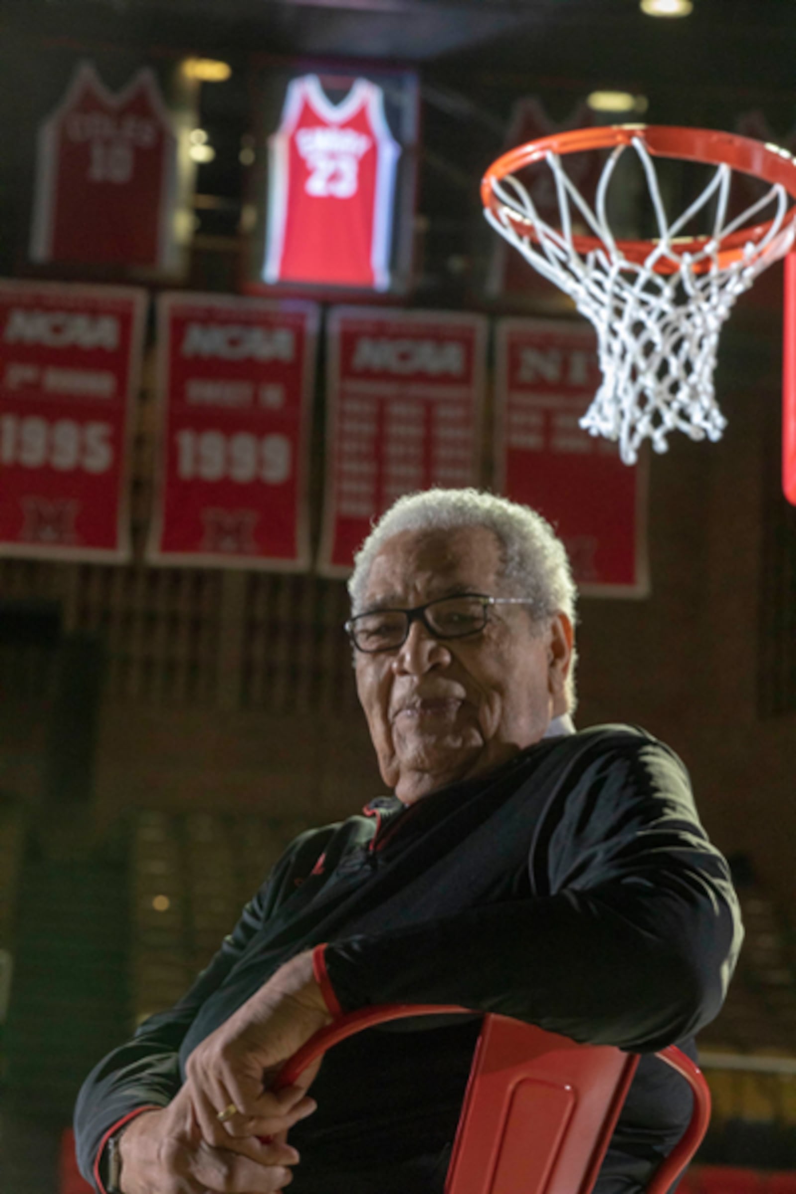 A Naismith Basketball Hall of Famer, Wayne Embry – a Miami University basketball legend who grew up on a farm outside of Springfield and graduated from Tecumseh High, became an NBA All-Star center and an NBA front office pioneer who was the league’s first African American general manager and team president and now, as a Toronto Raptors advisor, is in his 63rd season of involvement with the league – sits beneath his No, 23 jersey which Miami retired and now hangs in the rafters of Millett Hall. On May 18th, in Oxford, he and his late wife Terri, who was from Dayton, will be given the prestigious Freedom Summer of ‘64 award for their lifelong commitment to civil rights and social justice. That same day a statue of Embry shooting his legendary hook shot will be unveiled in front of Millett Hall and a scholarship in Embry’s name will be announced. Jeff Sabo/Miami University