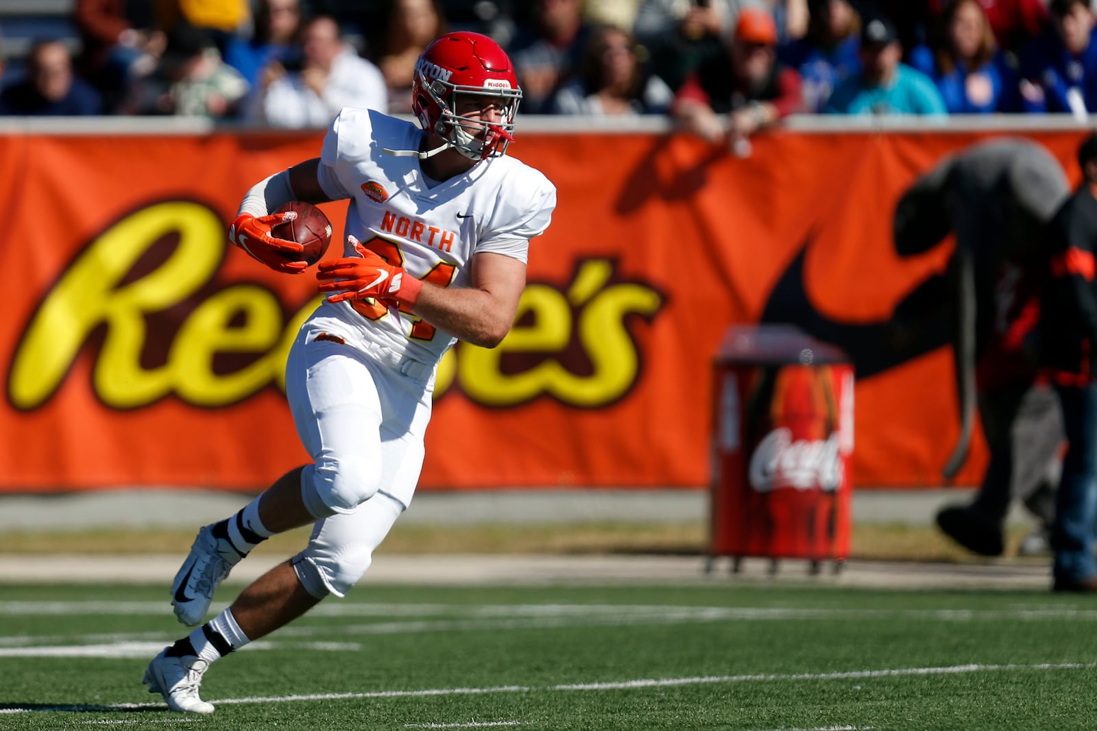 North tight end Adam Trautman of Dayton (84) warms up before the start of the Senior Bowl college football game Saturday, Jan. 25, 2020, in Mobile, Ala. (AP Photo/Butch Dill)