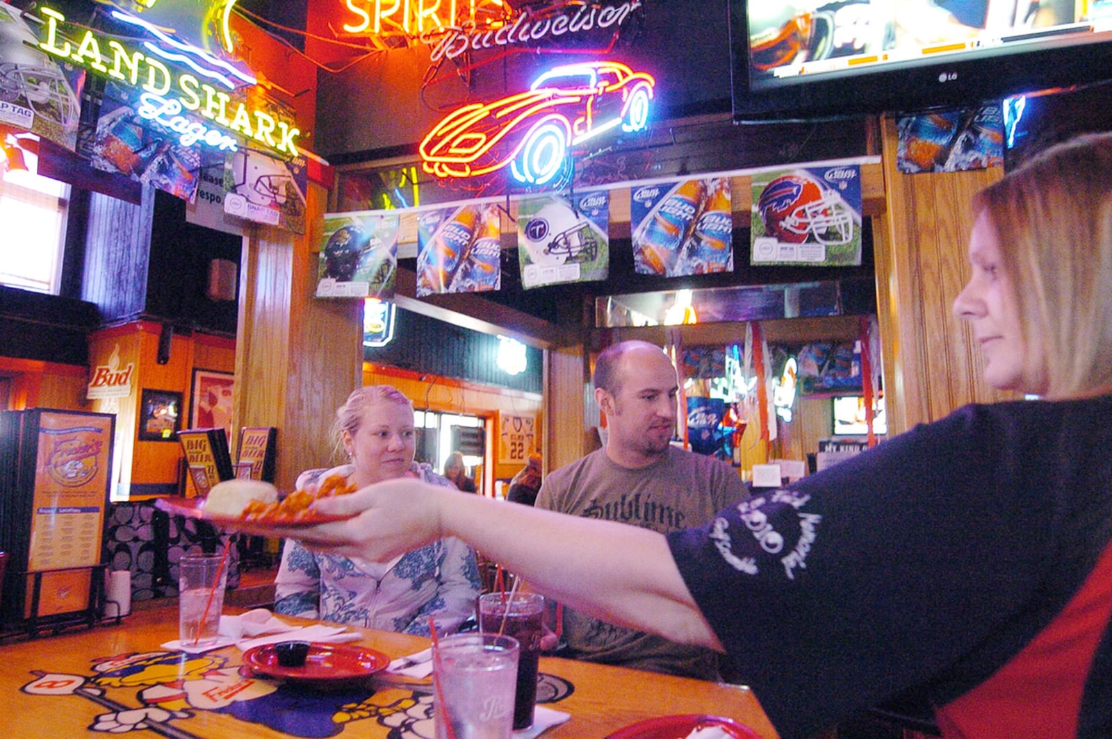 Super Bowl fans served on Super Bowl Sunday in 2015 at the Woodman Drive Fricker’s Restaurant (Contributed photo by Charles Caperton)