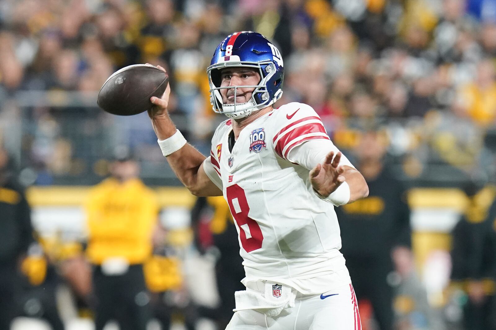 New York Giants quarterback Daniel Jones (8) throws a pass during the first half of an NFL football game against the Pittsburgh Steelers, Monday, Oct. 28, 2024, in Pittsburgh. (AP Photo/Matt Freed)