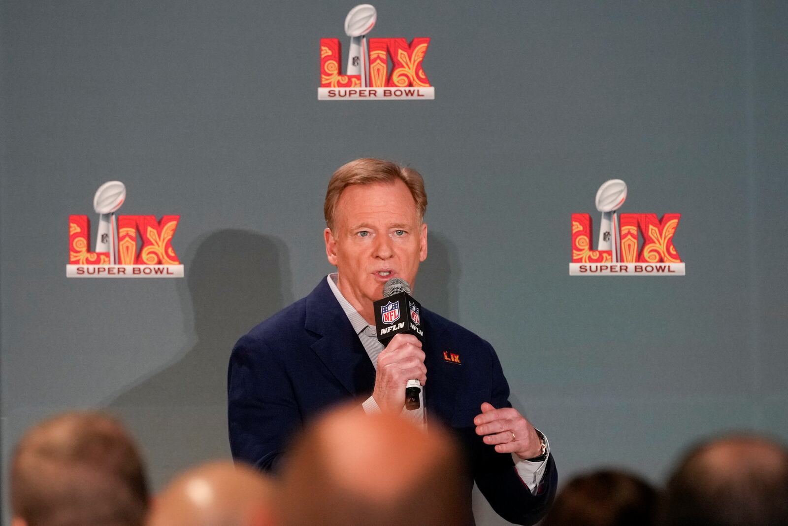 NFL commissioner Roger Goodell speaks during a news conference, Monday, Feb. 3, 2025, in New Orleans, ahead of the NFL Super Bowl 59 football game between the Philadelphia Eagles and the Kansas City Chiefs. (AP Photo/Matt York)