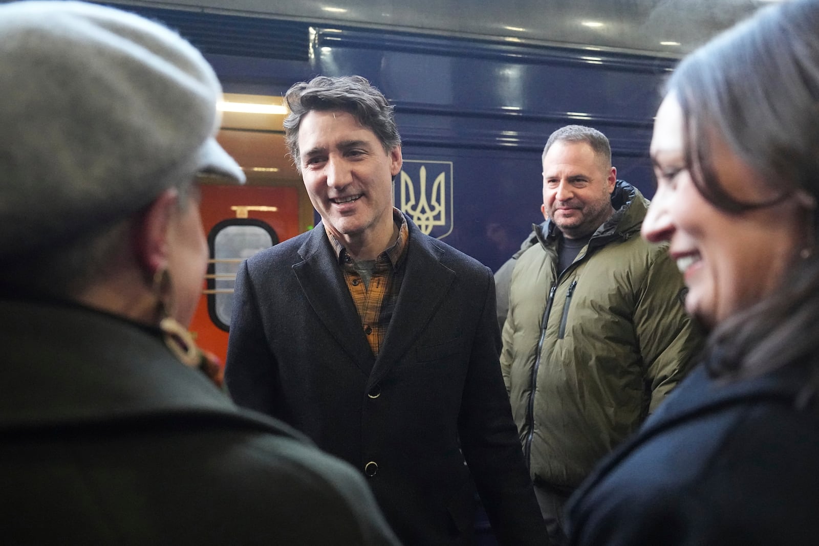 Canada's Prime Minister Justin Trudeau arrives at a train station on the third anniversary of the Russian invasion of Ukraine, Kyiv, Ukraine, Monday, Feb. 24, 2025. (AP Photo/Efrem Lukatsky)