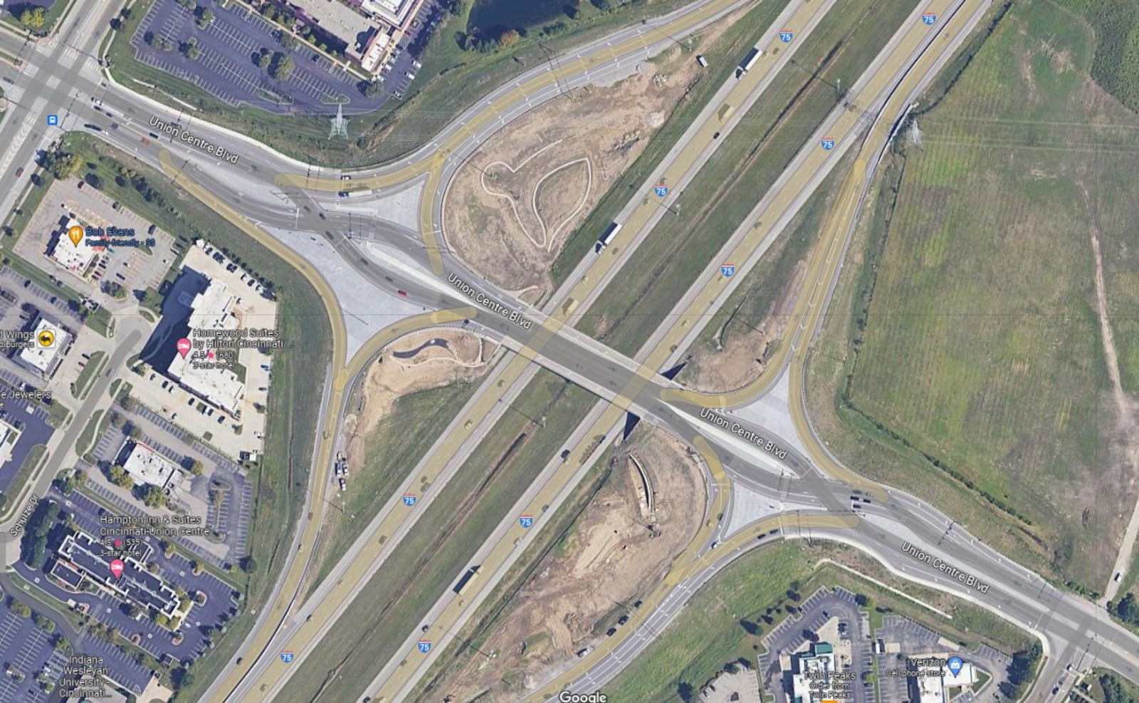 This is a map of a "diverging diamond" interchange at Union Centre Boulevard and Interstate 75 in West Chester Twp. CREDIT: GOOGLE MAPS