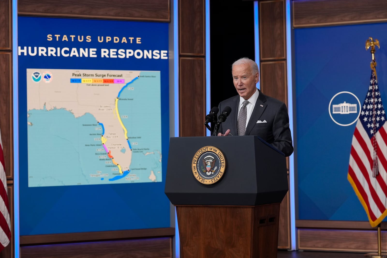 President Joe Biden speaks and gives an update on the impact and the ongoing response to Hurricane Milton, in the South Court Auditorium on the White House complex in Washington, Thursday, Oct. 10, 2024. (AP Photo/Susan Walsh)