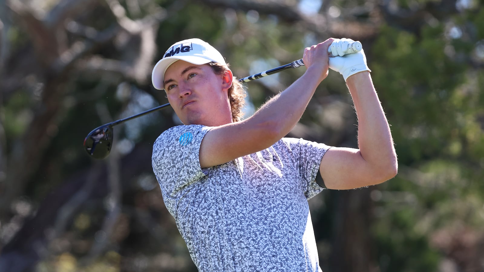 Maverick McNealy drives from the second tee during the final final round of the RSM Classic golf tournament, Sunday, Nov. 24, 2024, in St. Simons Island, Ga. (AP Photo/Gary McCullough)