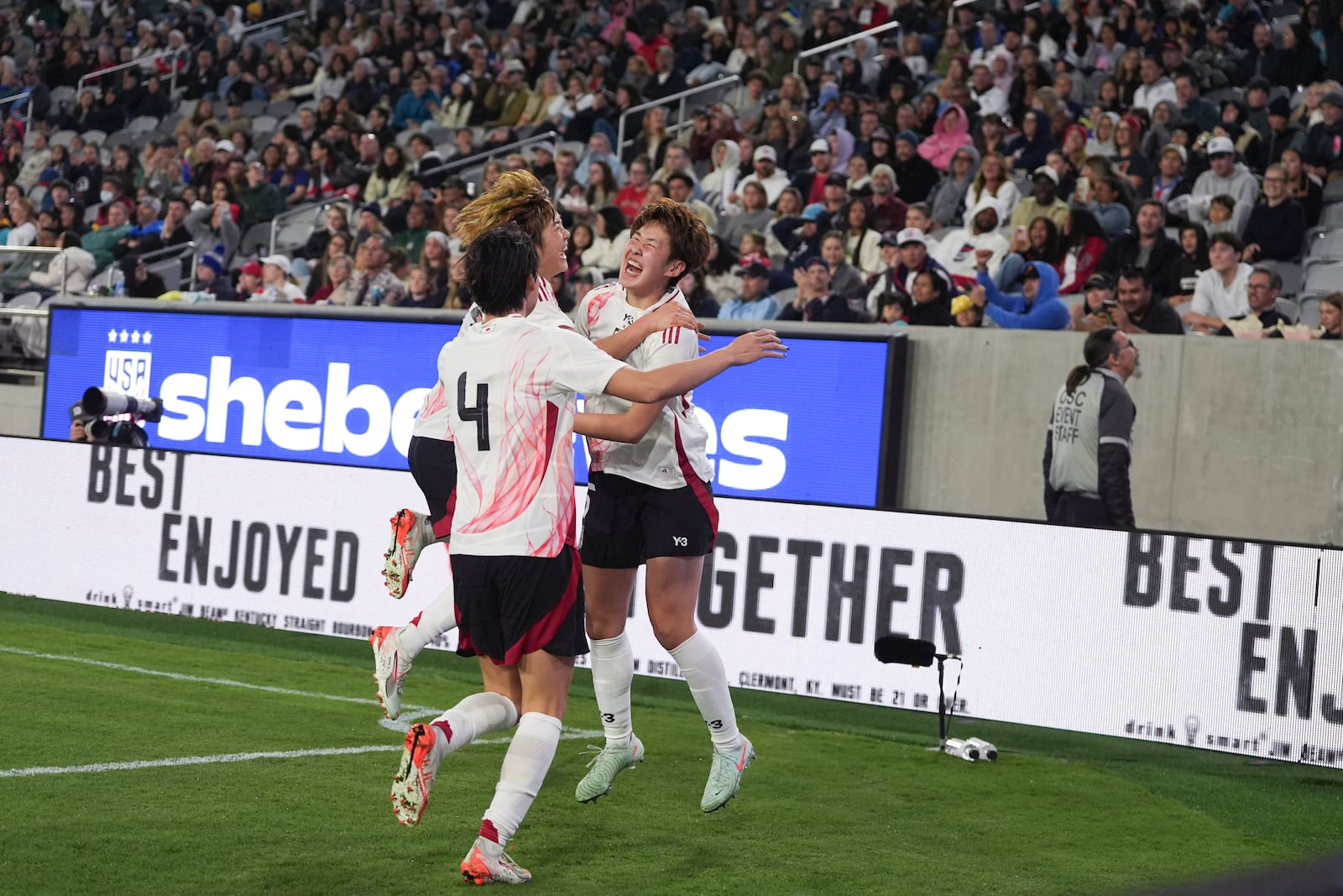 Japan defender Toko Koga, right, celebrates with teammates after scoring a goal against the United States during the second half of a SheBelieves Cup women's soccer tournament match Wednesday, Feb. 26, 2025, in San Diego. (AP Photo/Gregory Bull)