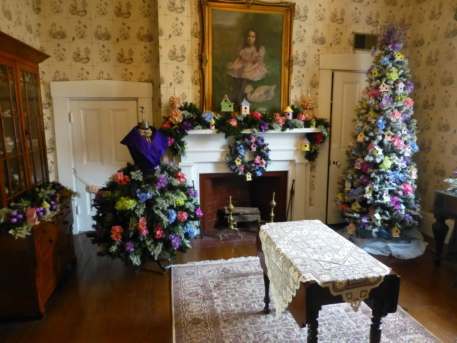 The Lady’s Parlor on the second floor of Glendower is decorated with one of four mannequin Christmas trees in the house. Purple and hot pink are the decorating colors for Christmas this year. CONTRIBUTED