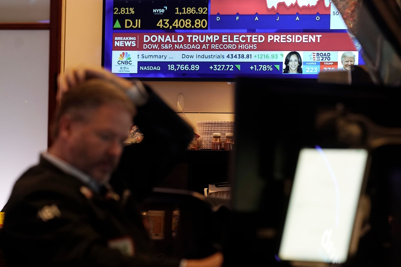 A television screen on the floor of the New York Stock Exchange displays results of the Presidential election, Wednesday, Nov. 6, 2024. (AP Photo/Richard Drew)