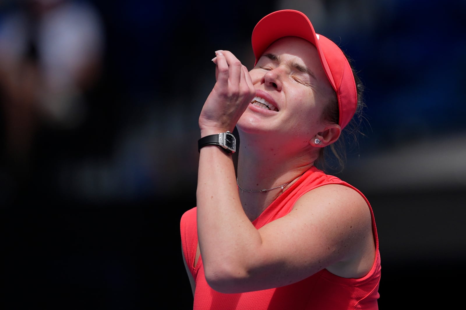 Elina Svitolina of Ukraine reacts during her quarterfinal against Madison Keys of the U.S. during their quarterfinal match at the Australian Open tennis championship in Melbourne, Australia, Wednesday, Jan. 22, 2025. (AP Photo/Ng Han Guan)