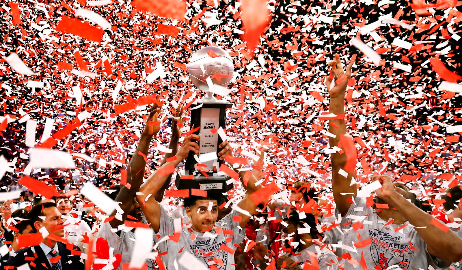 St. John's guard RJ Luis Jr. celebrates with Zuby Ejiofor after winning the Big East regular season conference title NCAA college basketball game against Seton Hall, Saturday, March 1, 2025, in New York. (AP Photo/Noah K. Murray)