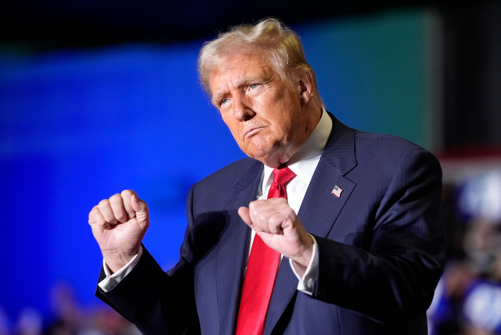 Republican presidential nominee former President Donald Trump dances at a campaign rally at Greensboro Coliseum, Tuesday, Oct. 22, 2024, in Greensboro, N.C. (AP Photo/Alex Brandon)