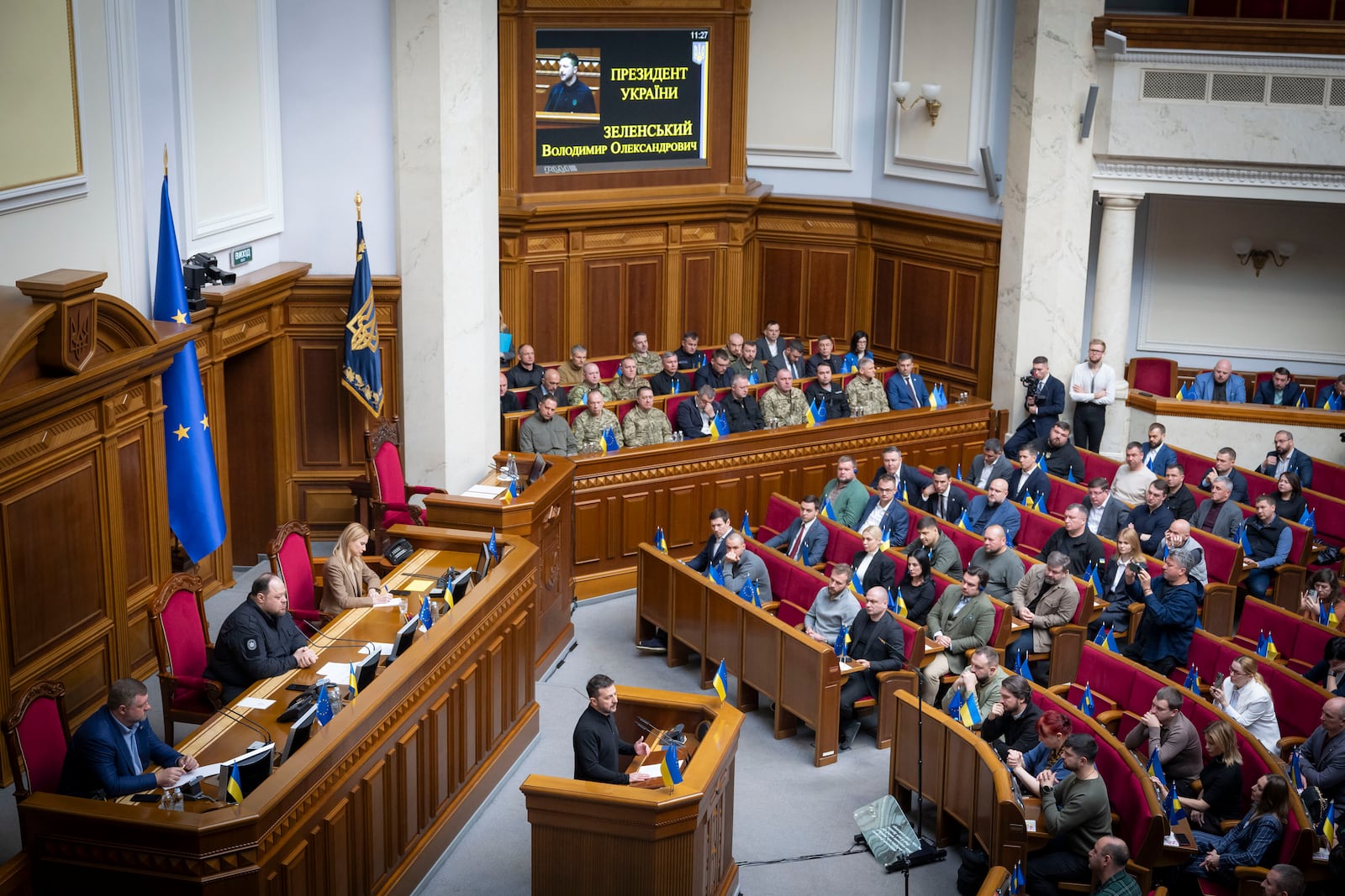 In this photo provided by the Press Service Of The President Of Ukraine on Oct. 16, 2024, Ukraine's President Volodymyr Zelenskyy speaks to parliamentarians at Verkhovna Rada in Kyiv, Ukraine. (Press Service Of The President Of Ukraine via AP)