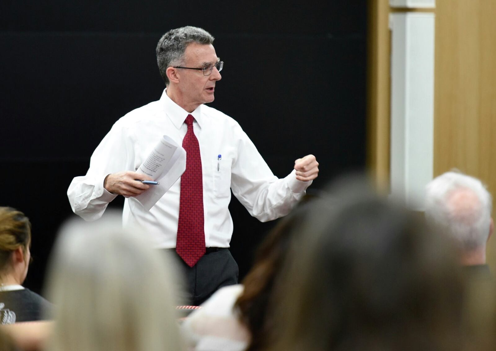 Michael Curme, dean of students at Miami University, led a rare public meeting Friday, Feb. 24, 2017, at the school’s Shriver Center. More than 120 students came to listen and to offer input on how the Butler County school might curb alcohol abuse on and off campus. NICK GRAHAM/STAFF