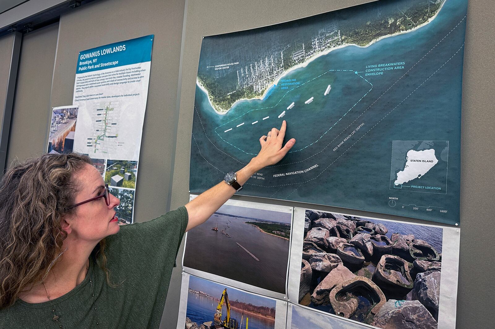 Landscape Architect Pippa Brashear describes the eight "Living Breakwaters" that are almost fully installed that she helped conceive on Thursday, Sept. 19, 2024. (AP Photo/Ted Shaffrey)