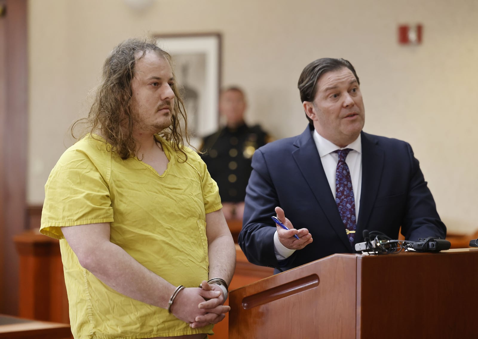 Jonathan Palmerton, left, with defense attorney Kenneth Crehan, was arraigned on a perjury charge in connection to the Katelyn Markham death case Wednesday, Feb. 22, 2023 in front of Judge Jennifer McElfresh in Butler County Common Pleas Court in Hamilton. NICK GRAHAM/STAFF