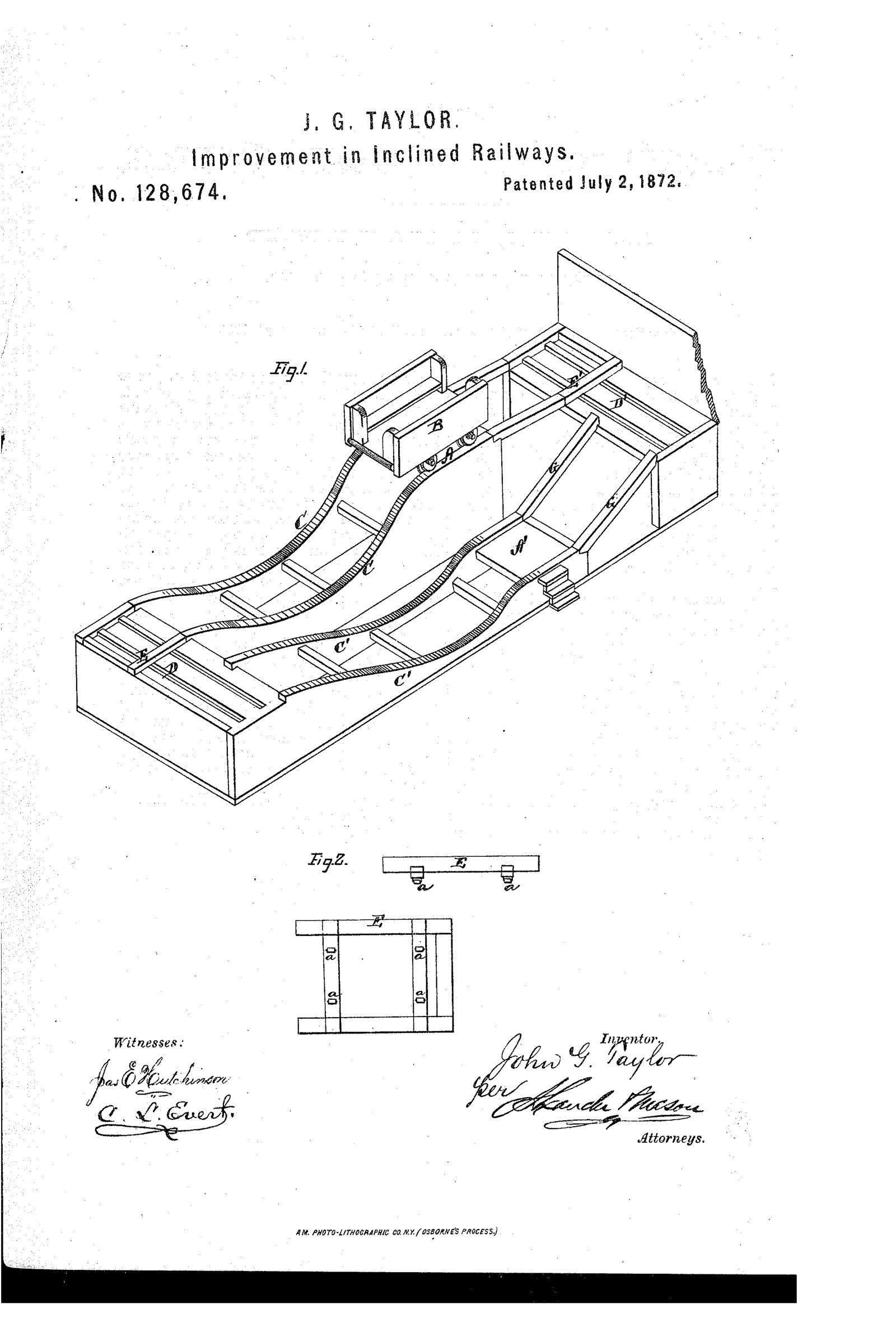 Expired patents for roller coaster designs created in the 19th century. Contributed