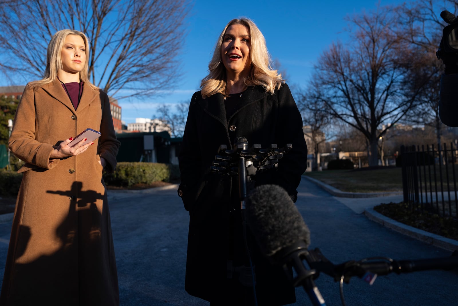 White House press secretary Karoline Leavitt speaks with reporters at the White House, Wednesday, Jan. 29, 2025, in Washington. (AP Photo/Evan Vucci)