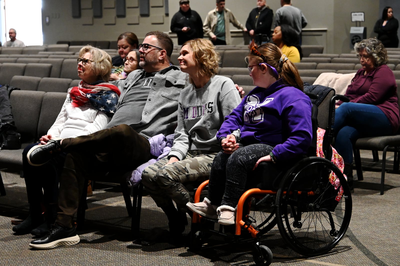 A little more than a dozen people attended the Trump Vance inauguration watch party on Monday, Jan. 20, 2025, at Berachah Church in Middletown, Ohio. Many are parents of the Middletown High School marching band, which was invited to attend the inauguration by Vice President JD Vance, a native Middletonian. MICHAEL D. PITMAN/STAFF