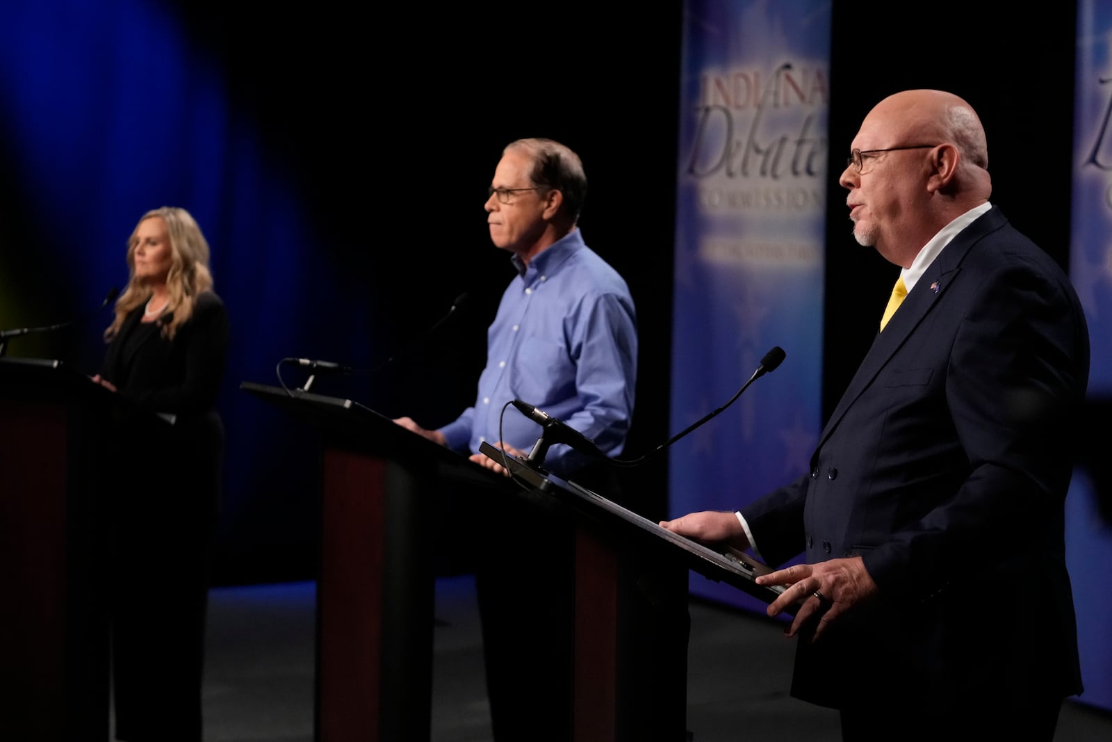 Libertarian candidate Donald Rainwater, right, speaks during a debate for Indiana governor hosted by the Indiana Debate Commission at WFYI, Thursday, Oct. 24, 2024, in Indianapolis. (AP Photo/Darron Cummings, Pool)