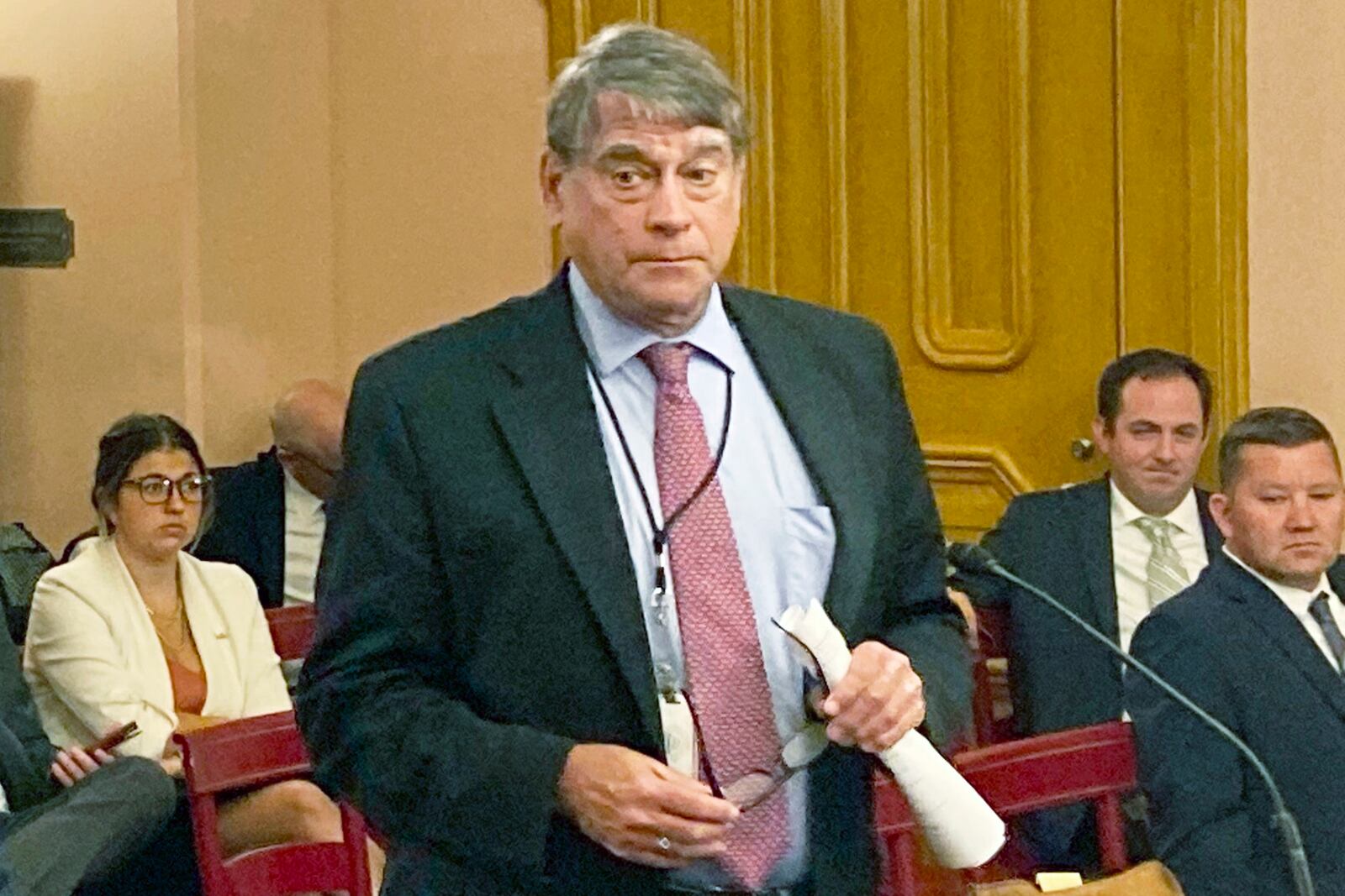 FILE—State Rep. Bill Seitz, a Cincinnati Republican, speaks on legislation in this Sept. 22, 2021 file photo taken at the Ohio Statehouse in Columbus, Ohio. Seitz said concerns raised on a rewrite of Ohio's election laws that includes both new restrictions on voting and some added conveniences long supported by voting rights advocates, will not be ready for 2022 elections. (AP Photo/Andrew Welsh-Huggins, File)