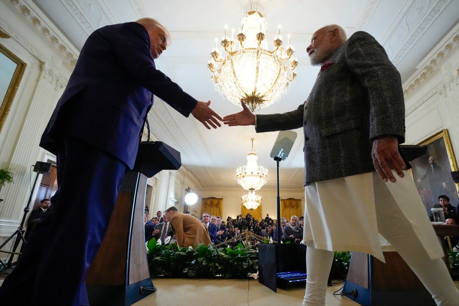 President Donald Trump and India's Prime Minister Narendra Modi shake hands during a news conference in the East Room of the White House, Thursday, Feb. 13, 2025, in Washington. (Photo/Alex Brandon)