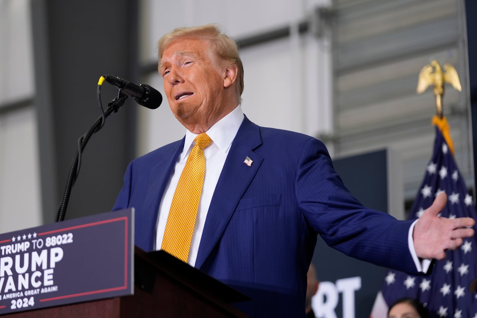 Republican presidential nominee former President Donald Trump speaks during a news conference at Austin-Bergstrom International Airport, Friday, Oct. 25, 2024, in Austin, Texas. (AP Photo/Alex Brandon)