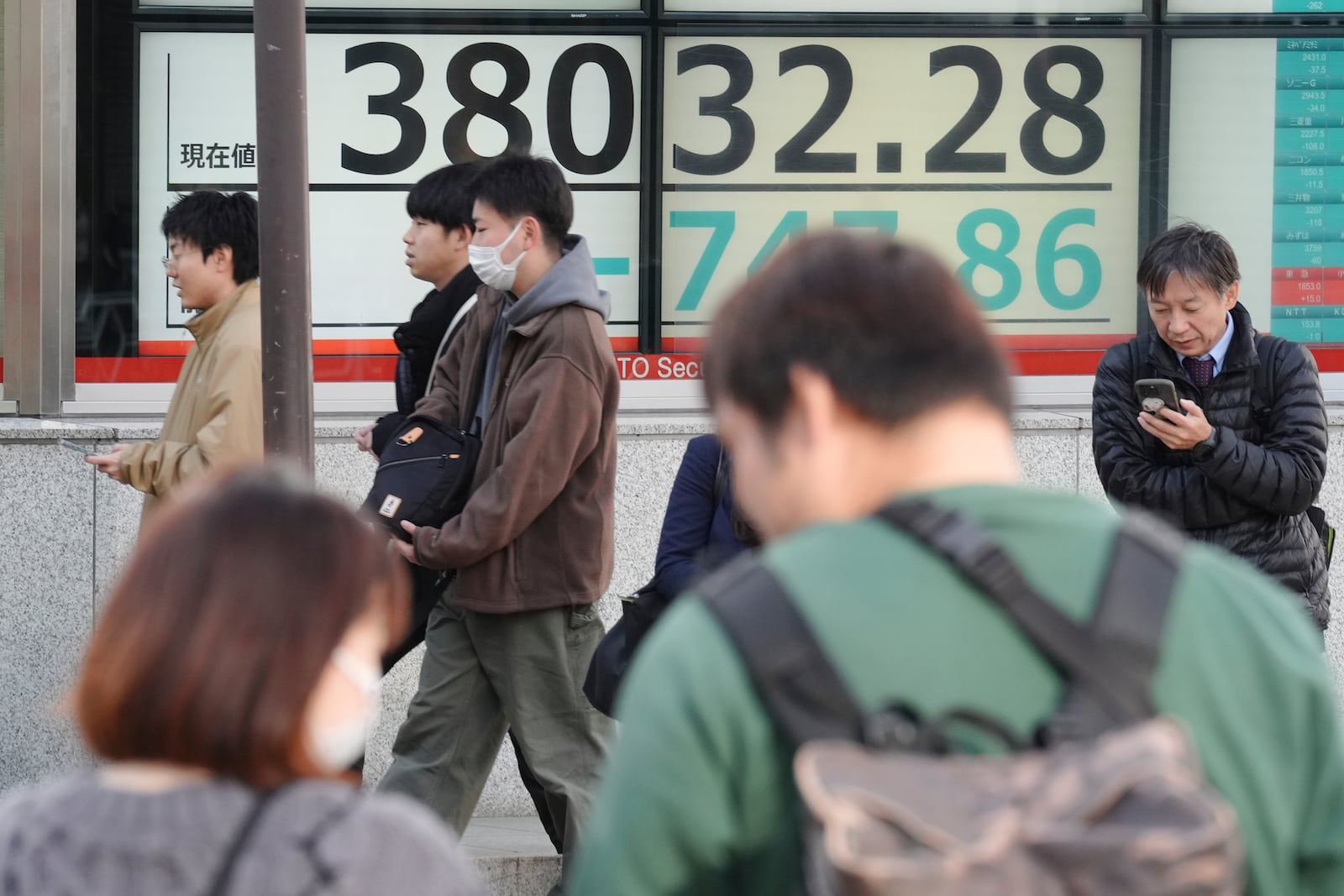 People walk in front of an electronic stock board showing Japan's Nikkei index at a securities firm Tuesday, Nov. 26, 2024, in Tokyo. (AP Photo/Eugene Hoshiko)