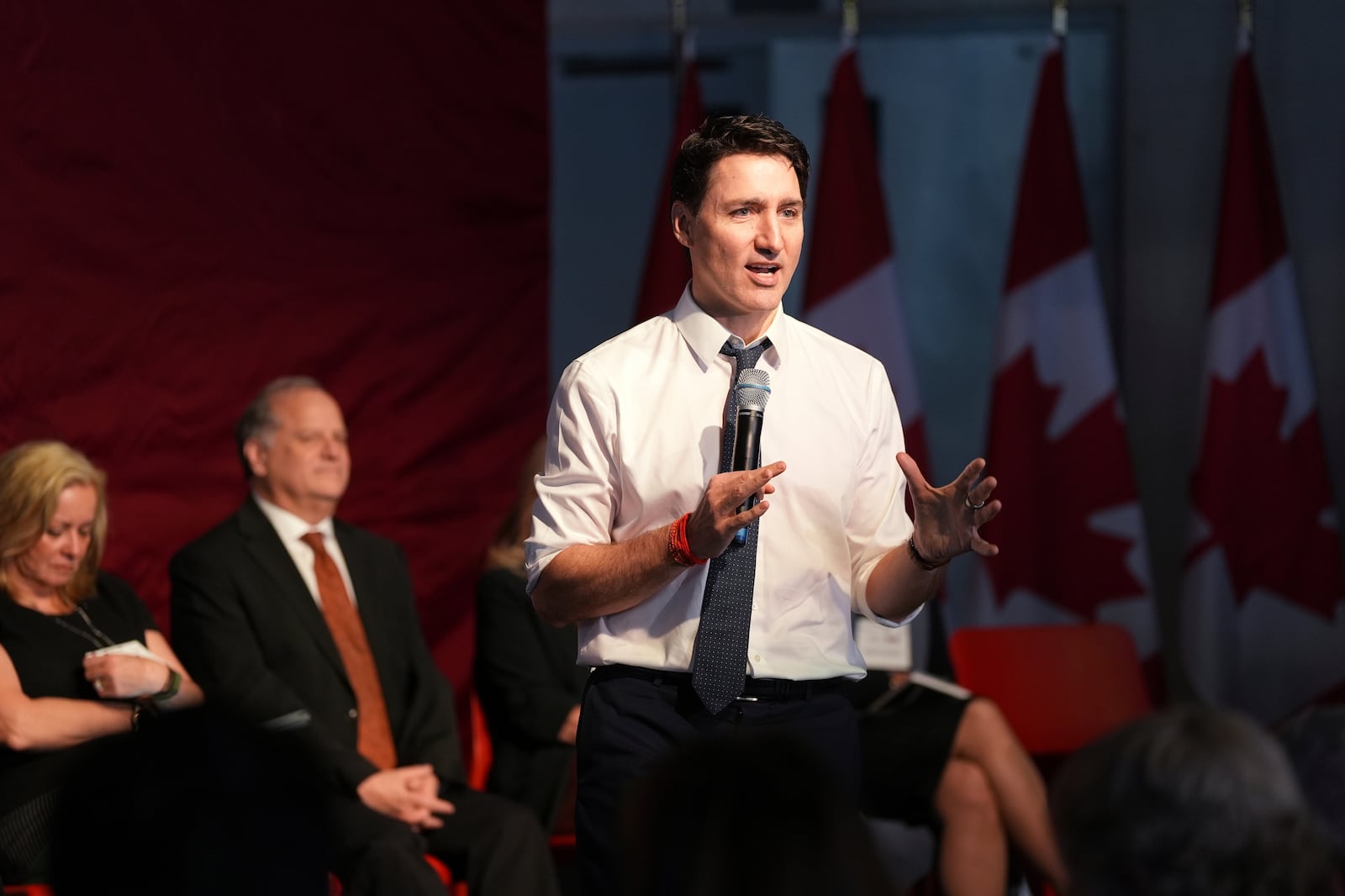 Prime Minister Justin Trudeau addresses a Canada-U.S. economic summit in Toronto, Friday, Feb. 7, 2025. (Frank Gunn /The Canadian Press via AP)