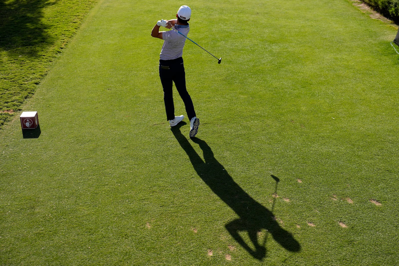 Michael Kim hits off the first tee during the first round of Shriners Children's Open golf tournament Thursday, Oct. 17, 2024, in Las Vegas. (AP Photo/John Locher)