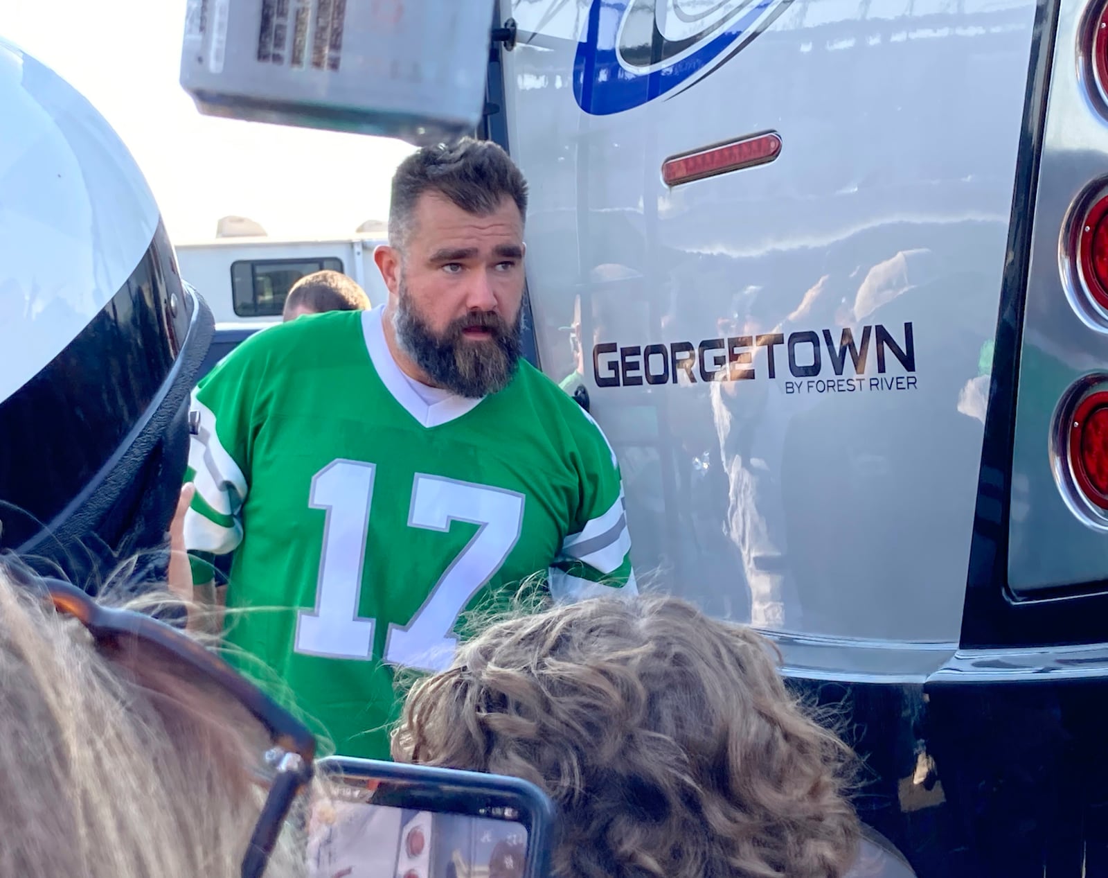 Retired Philadelphia Eagles center Jason Kelce waits to suprise fans at an impromptu appearance at a pregame tailgate party of an NFL football game between the Philadelphia Eagles and the Cleveland Browns, Sunday, Oct. 13, 2024 in Philadelphia. (AP Photo/Dan Gelston)