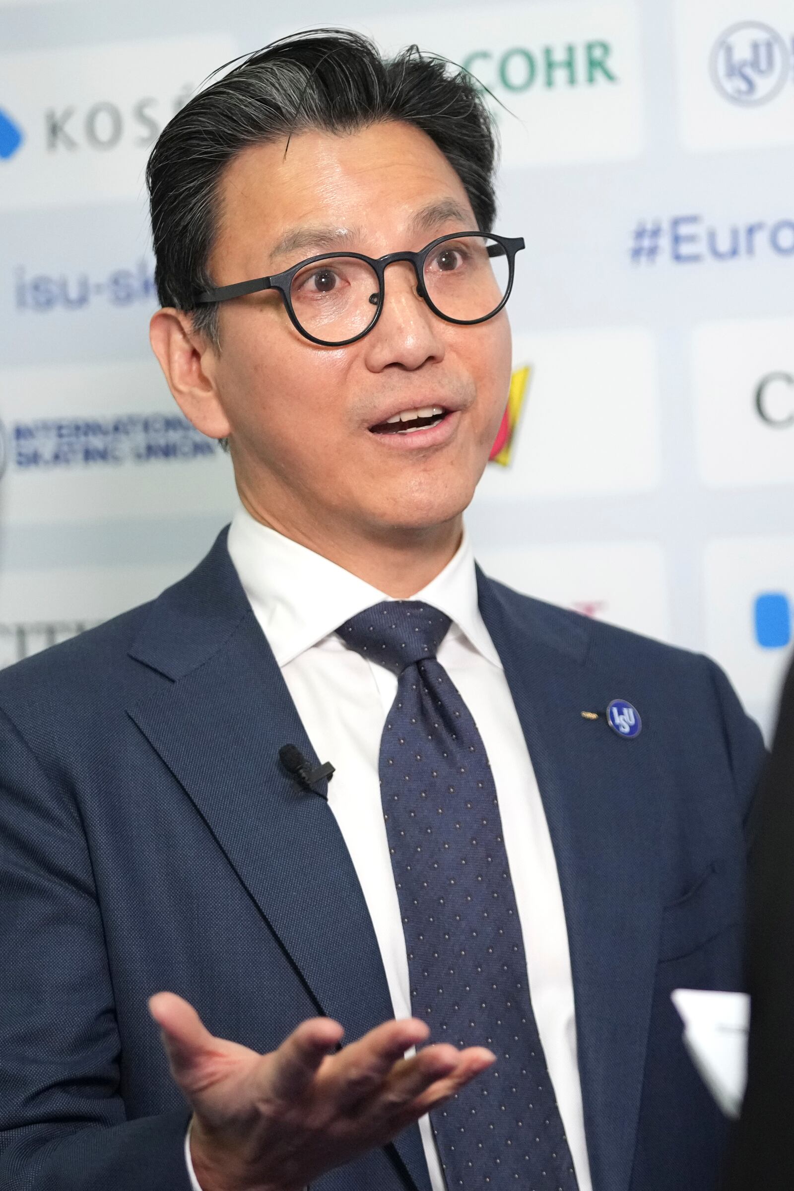 Jae Youl Kim, President of the International Skating Union, speaks during an interview for Associated Press during the ISU European Figure Skating Championships in Tallinn, Estonia, Friday, Jan. 31, 2025. (AP Photo/Sergei Grits)