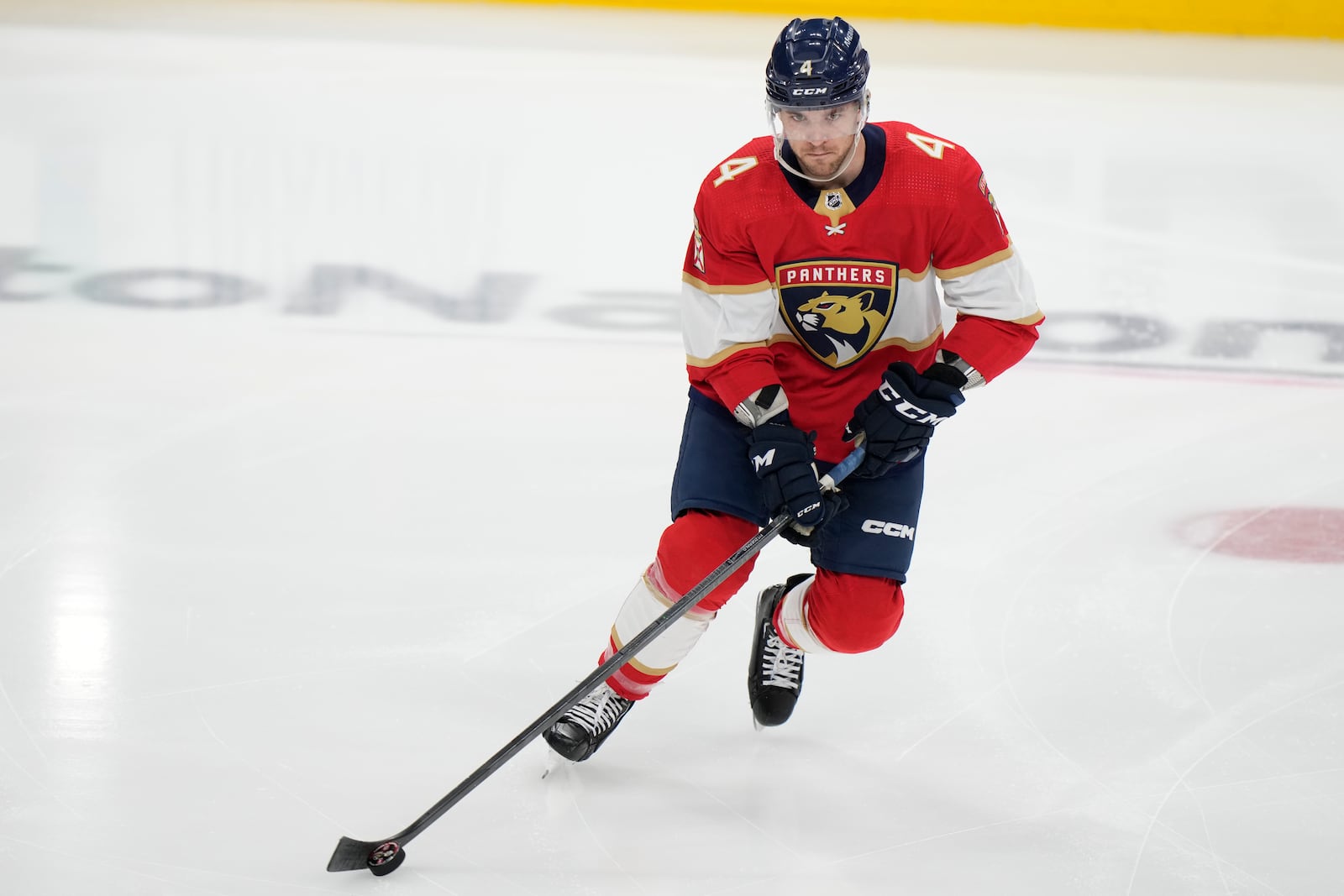 FILE - Florida Panthers defenseman Casey Fitzgerald warms up before the start of an NHL hockey game against the Nashville Predators, Thursday, March 2, 2023, in Sunrise, Fla. (AP Photo/Wilfredo Lee, file)