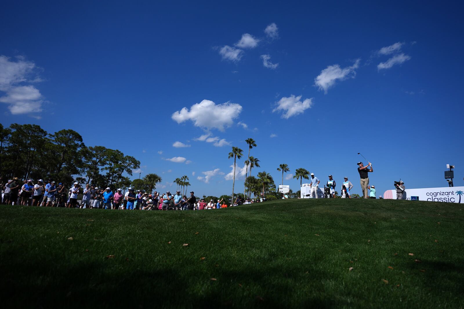 Jake Knapp, right, tees off on the fourth hole during the final round of the Cognizant Classic golf tournament, Sunday, March 2, 2025, in Palm Beach Gardens, Fla. (AP Photo/Rebecca Blackwell)