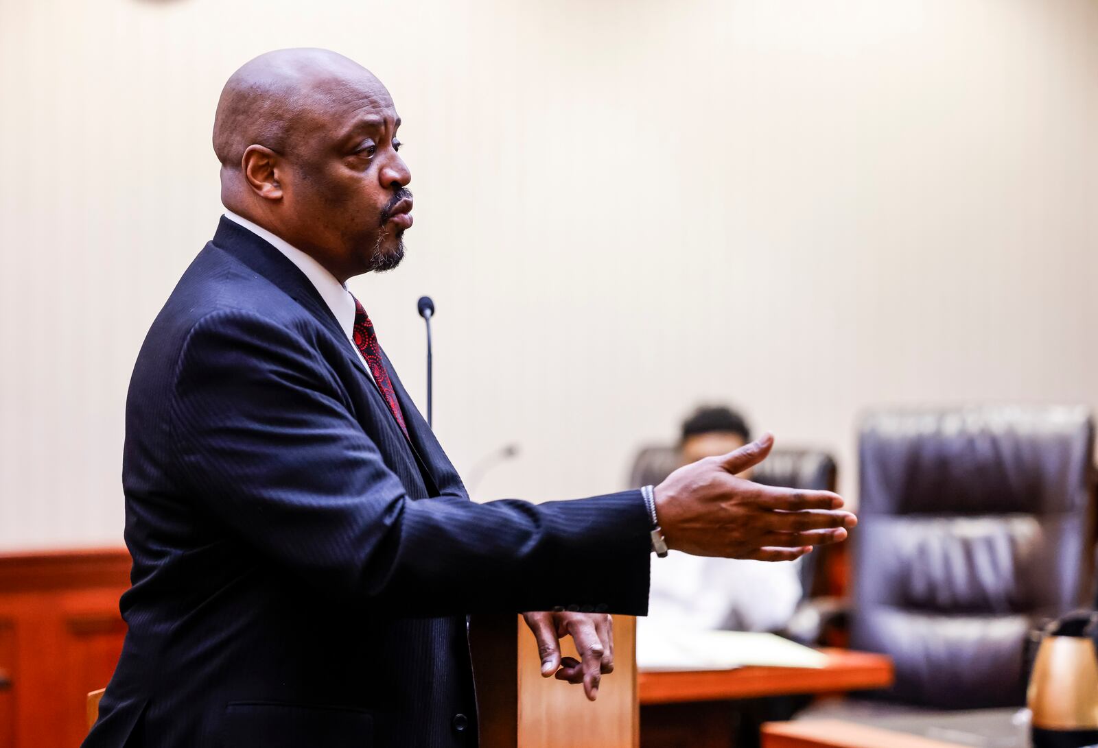 Defense attorney David Washington delivers his opening statement in the trial of Robert Morris Tuesday, Dec. 12 in Butler County Common Pleas Court for the shooting death of 22-year-old Keshon Sanders on Oct. 20, 2022. Sanders was found in his car, shot multiple times, at Meadow Ridge Apartments in West Chester Township. NICK GRAHAM/STAFF