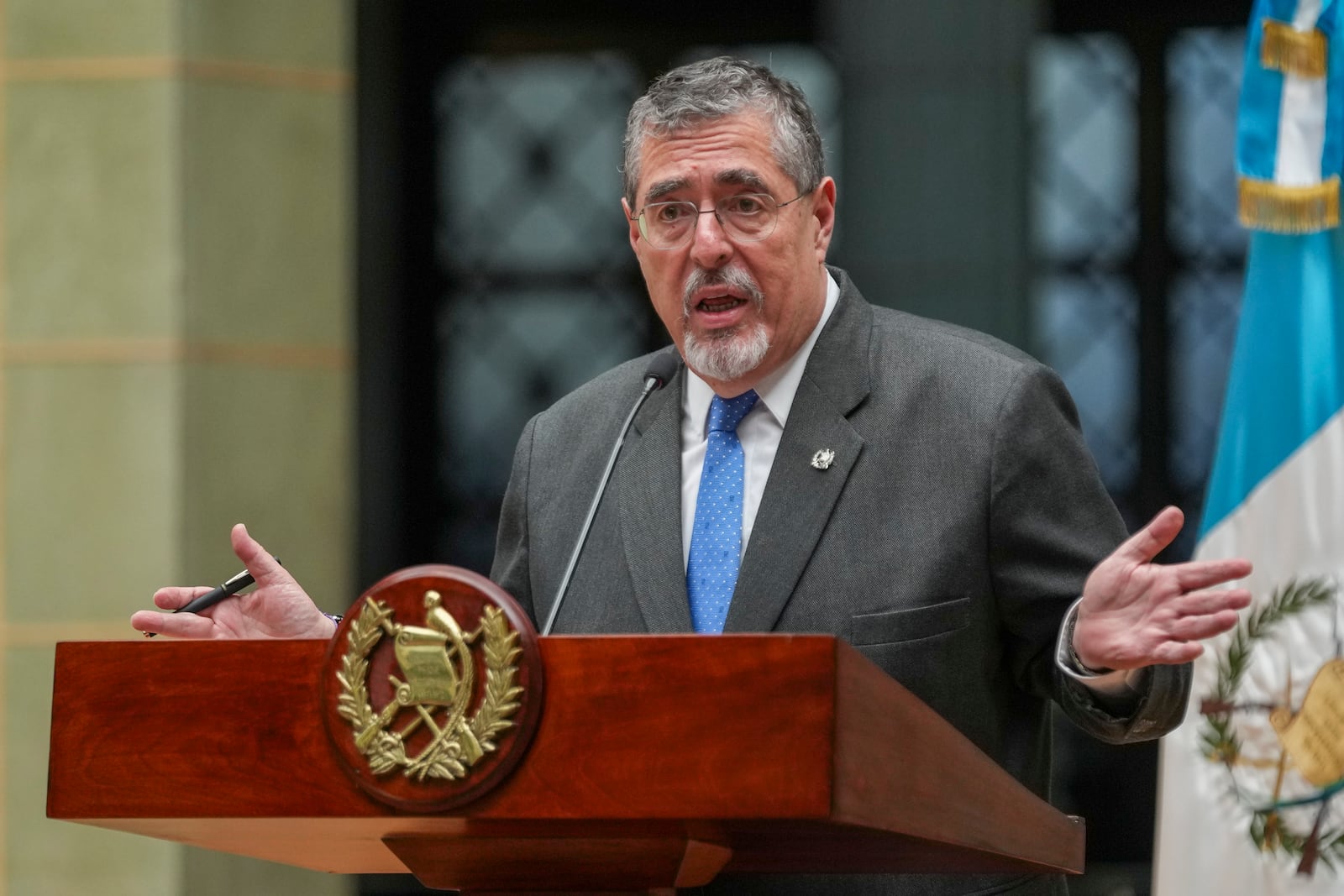 Guatemalan President Bernardo Arevalo speaks during a joint news conference with U.S. Secretary of State Marco Rubio at the National Palace in Guatemala City, Wednesday, Feb. 5, 2025. (AP Photo/Moises Castillo)