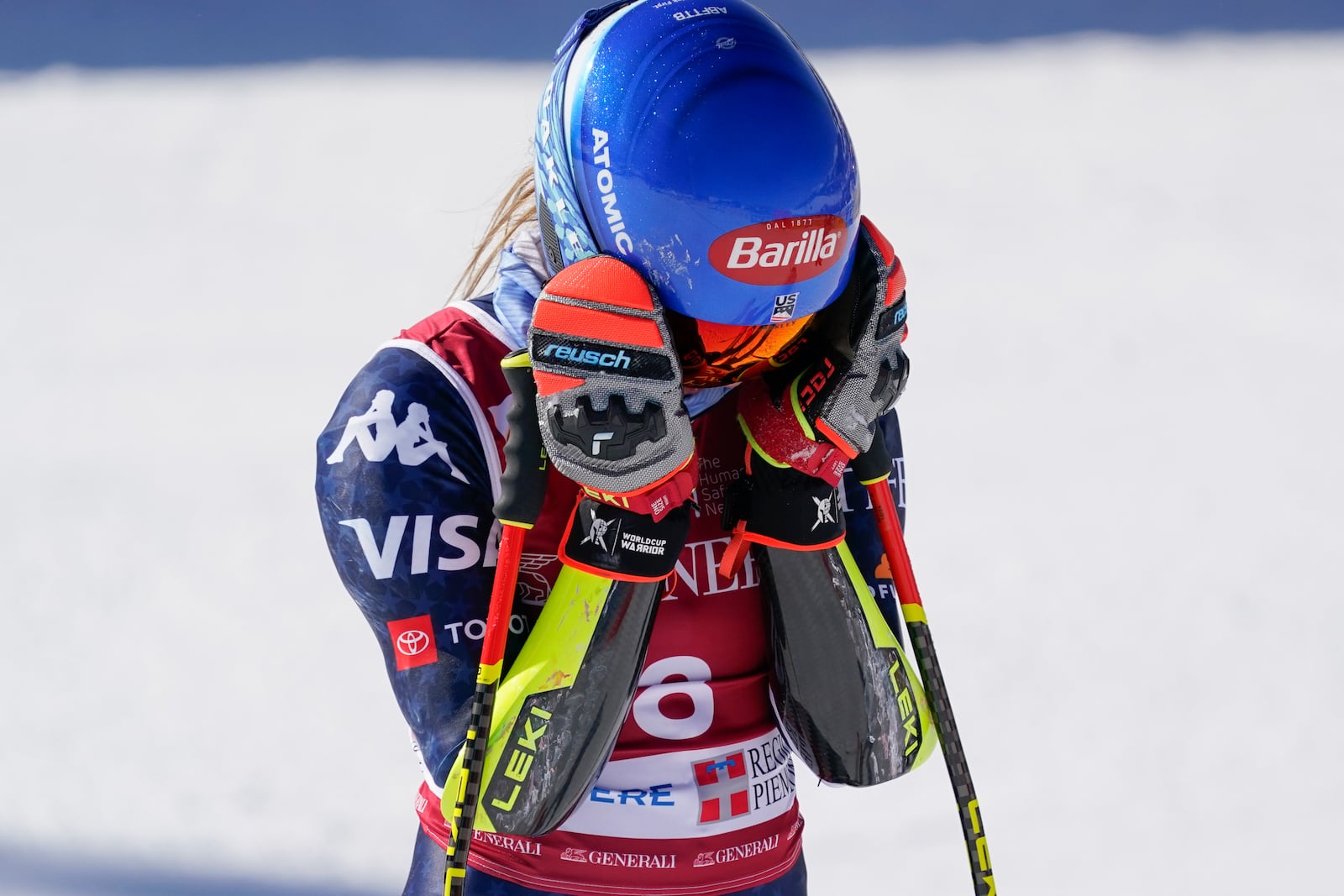 United States' Mikaela Shiffrin gets to the finish area after completing an alpine ski, women's World Cup giant slalom, in Sestriere, Italy, Friday, Feb. 21, 2025. (AP Photo/Marco Tacca)