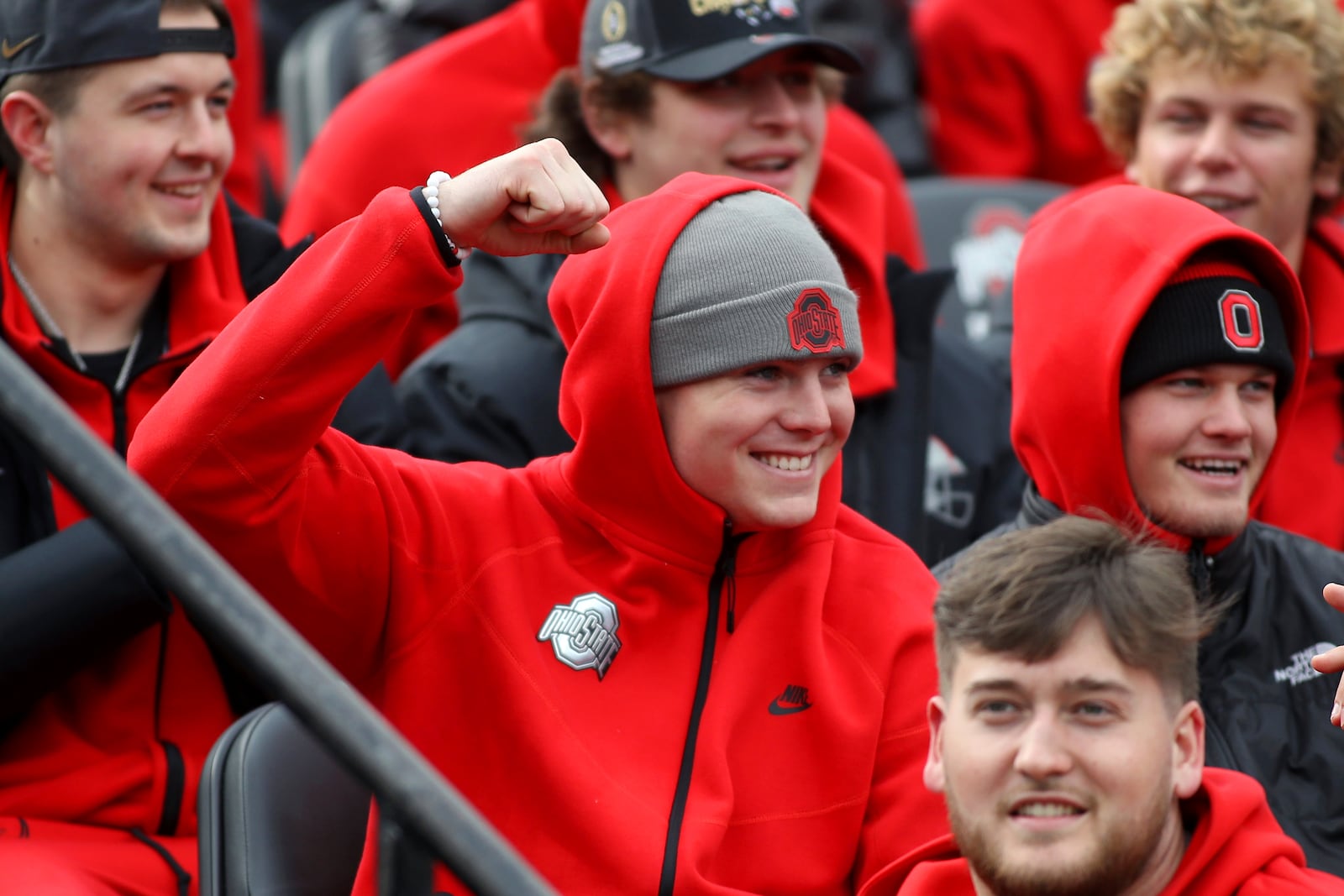 Ohio State quarterback Will Howard reacts to the speeches during the National Championship celebration at Ohio Stadium in Columbus, Ohio, Sunday, Jan. 26, 2025. (AP Photo/Joe Maiorana)