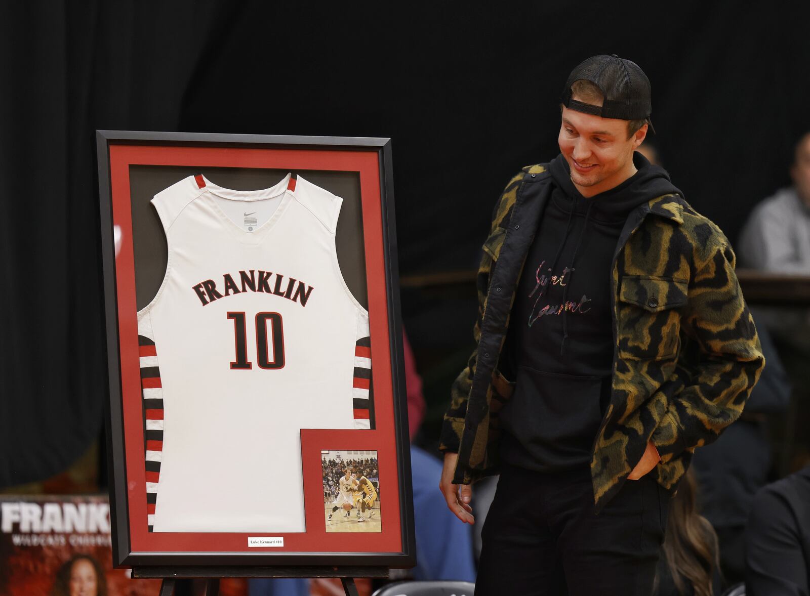 Former Franklin Wildcat and current Los Angeles Clippers basketball player Luke Kennard was honored by having his number 10 jersey retired before Franklin's basketball game against Springboro Tuesday, Feb. 1, 2022 in Franklin. NICK GRAHAM/STAFF