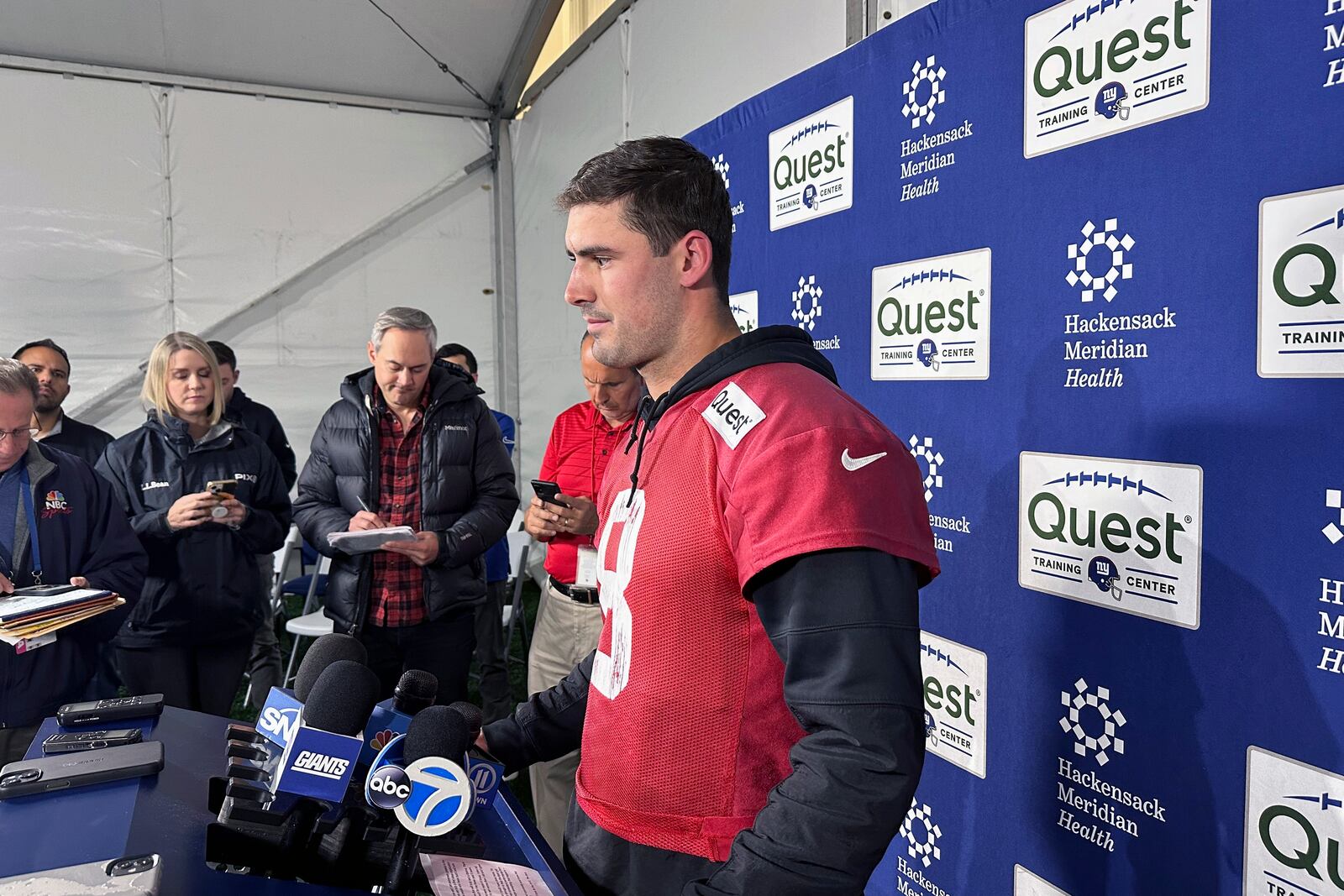 New York Giants NFL football quarterback Daniel Jones speaks to the media Thursday, Nov. 21, 2024, in East Rutherford, N.J. (AP Photo/Tom Canavan)