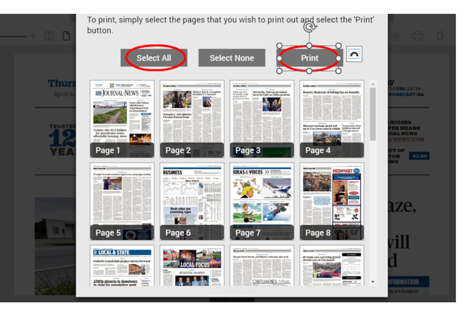 You can choose which pages you'd like to print, or hit "Select All" to print the entire paper