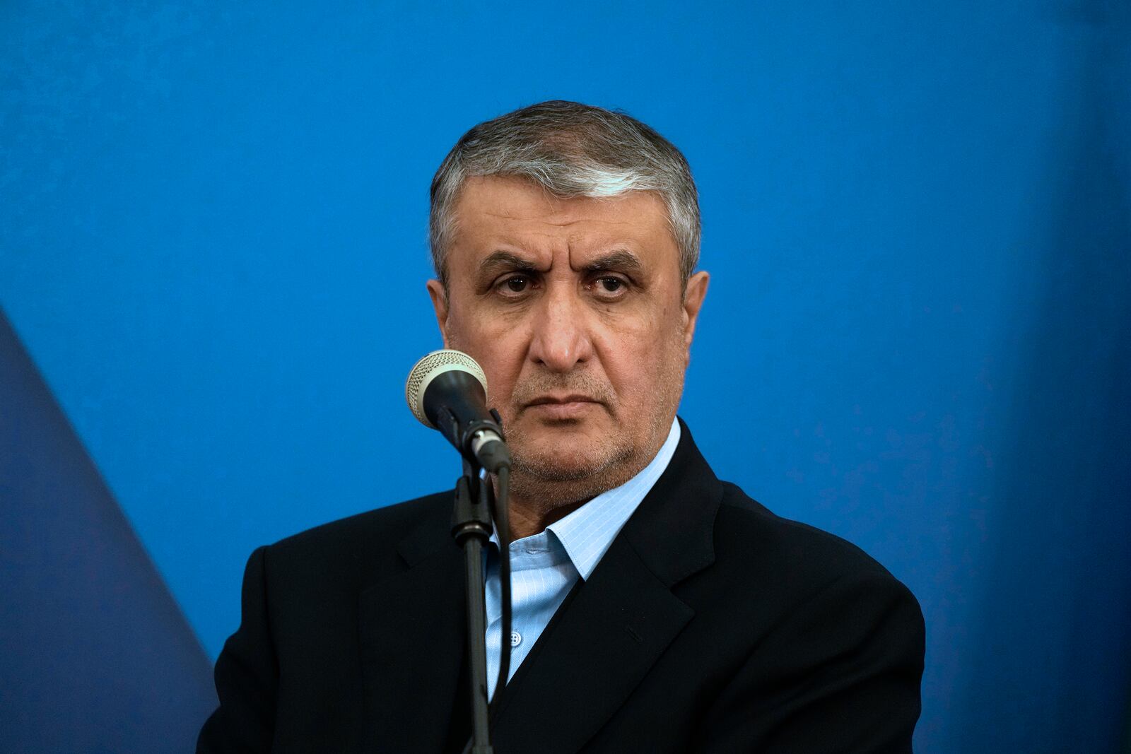 Head of Atomic Energy Organization of Iran Mohammad Eslami listens during his joint press conference with International Atomic Energy Agency (IAEA) Director General Rafael Mariano Grossi in Tehran, Iran, Thursday, Nov. 14, 2024. (AP Photo/Vahid Salemi)