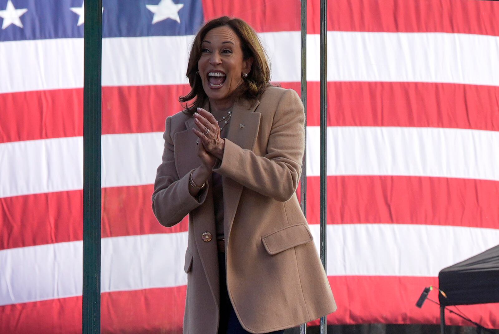 Democratic presidential nominee Vice President Kamala Harris speaks during a campaign rally outside the Atlanta Civic Center, Saturday, Nov. 2, 2024. (AP Photo/Jacquelyn Martin)