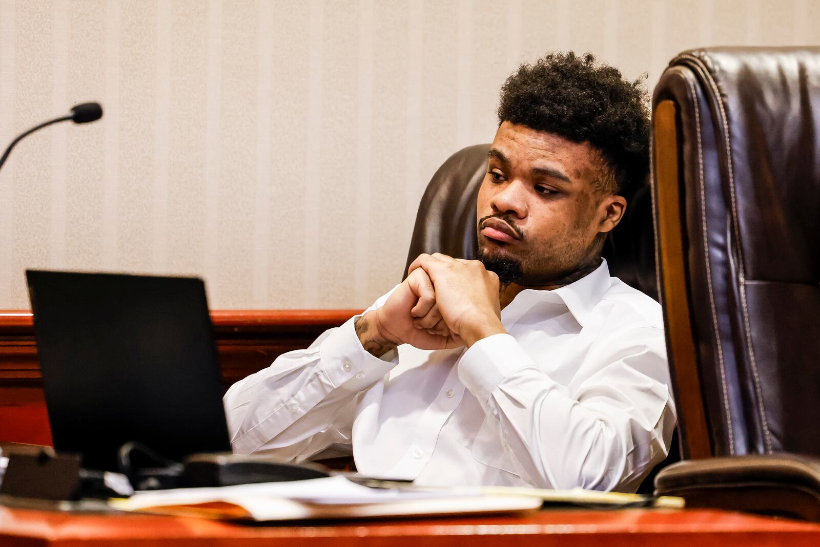 Robert Morris sits during opening statements of his trial in Butler County Common Pleas Court for the shooting death of 22-year-old Keshon Sanders on Oct. 20, 2022. Sanders was found in his car, shot multiple times, at Meadow Ridge Apartments in West Chester Township. NICK GRAHAM/STAFF